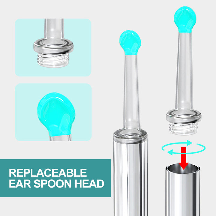 Close-up of a smart visual ear cleaner showing its HD camera and a soft silicone tip for hygiene.
