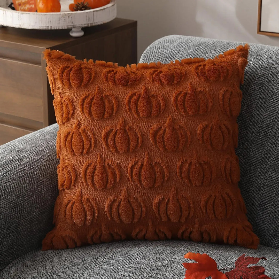 Plush faux fur decorative pillow cover for fall. Cozy, rustic throw pillow accent for autumn home decor.