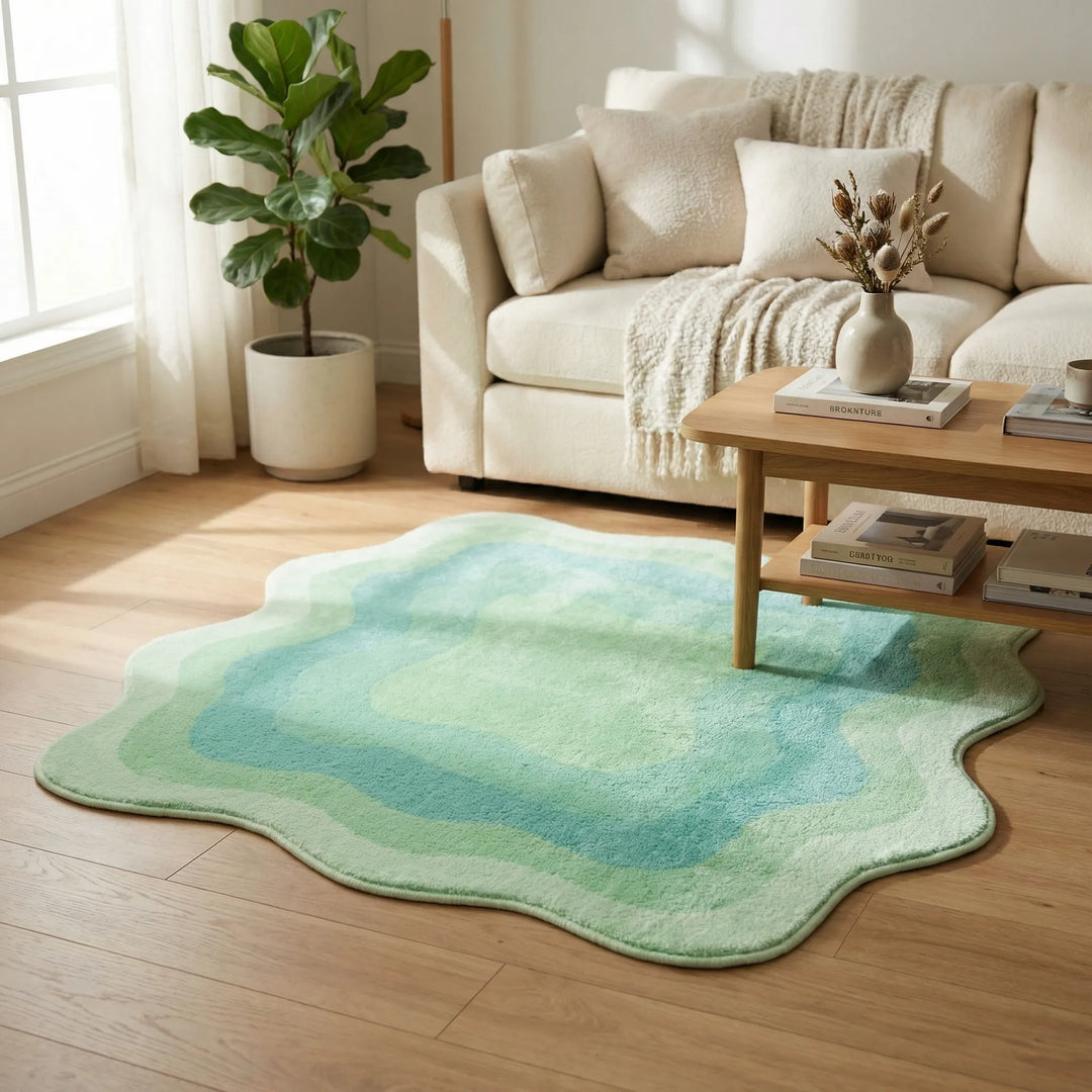 Soft Flowique gradient area rug with colorful waves, a modern accent for living rooms & bedrooms. Non-slip design.