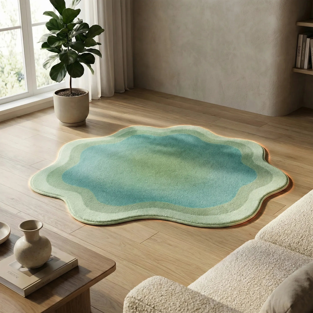 Stylish gradient area rug featuring soft waves, non-slip & plush, ideal for modern living room home decor.
