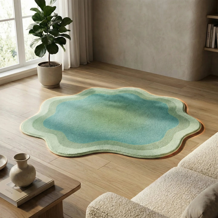 Stylish gradient area rug featuring soft waves, non-slip & plush, ideal for modern living room home decor.