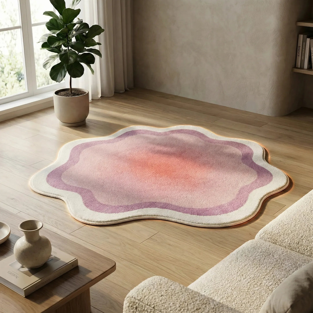 Flowique statement area rug, soft gradient waves, a colorful & modern home accent for bedrooms & living rooms.