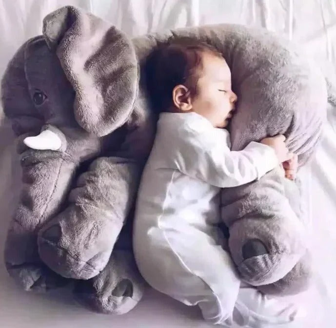 Soft gray elephant cuddle pillow, perfect plush toy for babies & kids' nursery decor.