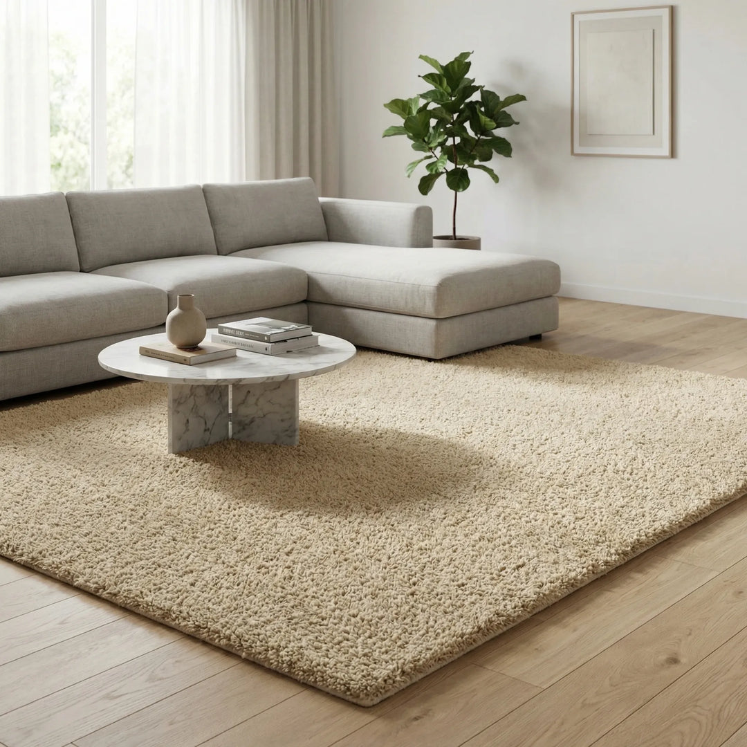 Soft low pile shag area rug with subtle waves, perfect for cozy living room decor.