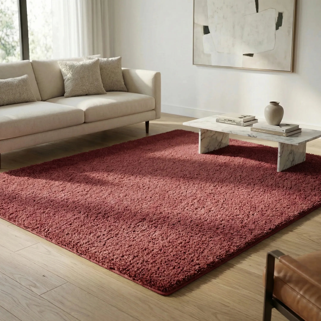 Cozy soft shag area rug featuring unique wave design, ideal for a plush living room or bedroom.