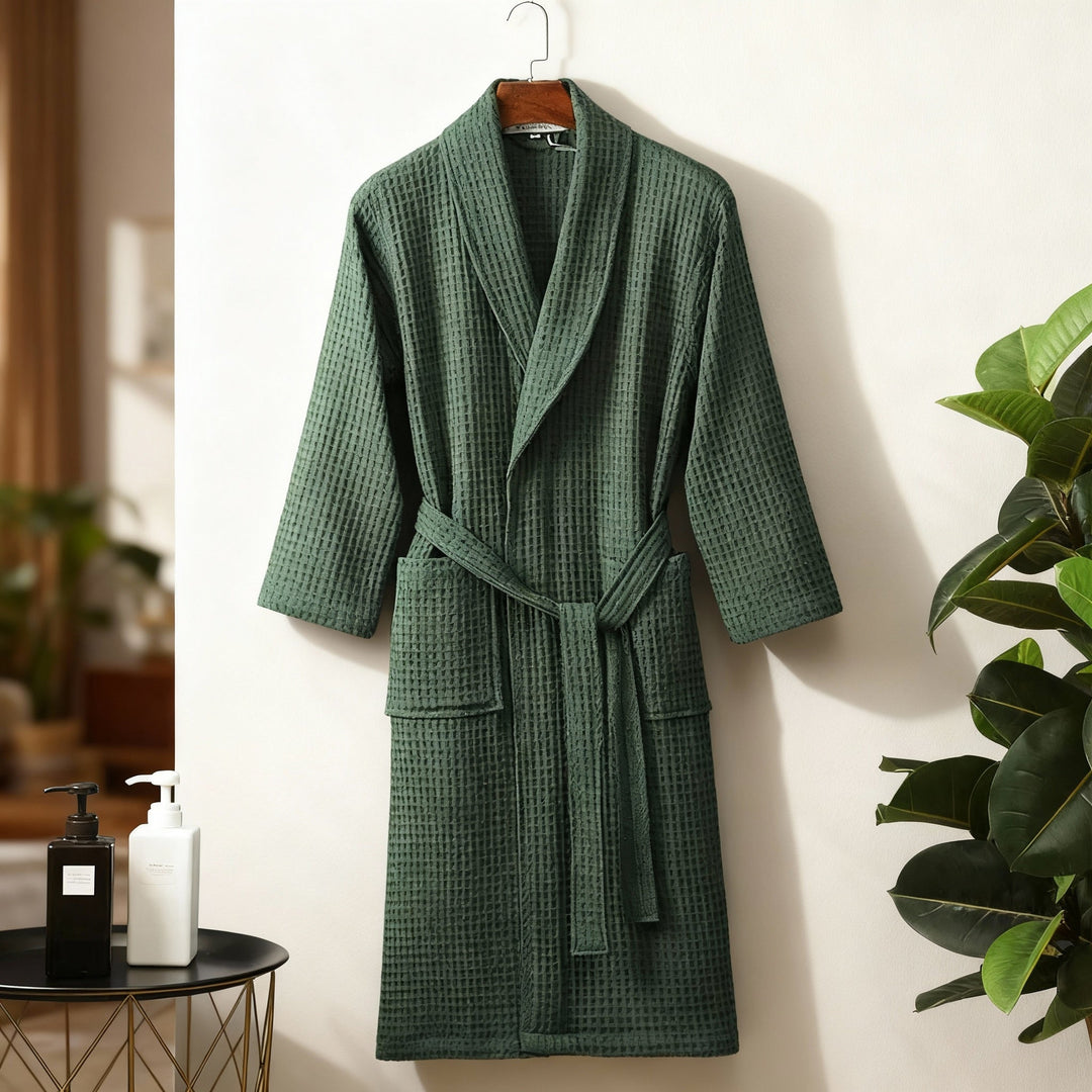 Close-up of the delicate waffle knit texture on a soft women's lounge robe