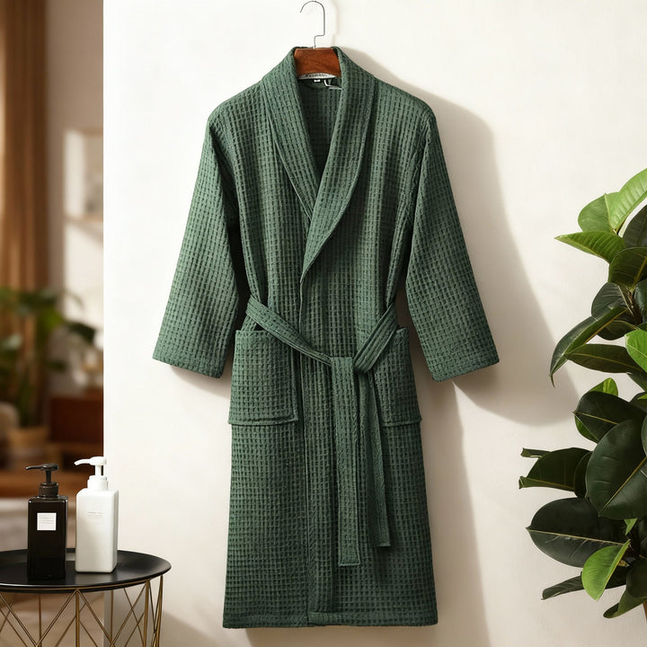 Close-up of the delicate waffle knit texture on a soft women's lounge robe