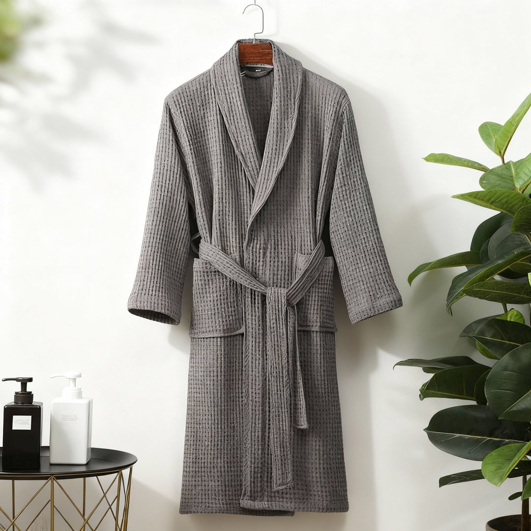 Comfortable women's waffle knit sleepwear robe in a light blue color, spring essential