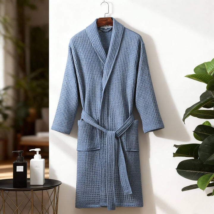 Stylish women's waffle knit lounge robe, featuring a tie-waist and soft fabric
