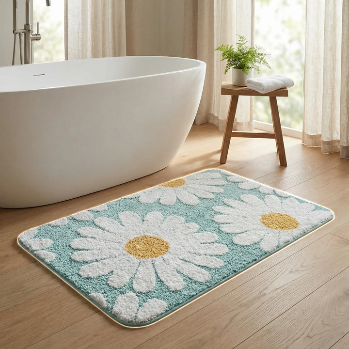 Soft plush daisy bath mat with wave design, perfect for women's bathroom decor. Absorbent & non-slip floral rug.