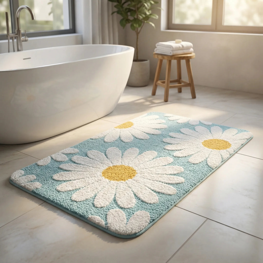 Charming daisy flower bath mat. Plush, absorbent, and non-slip, this stylish wave-patterned rug enhances bathroom decor.
