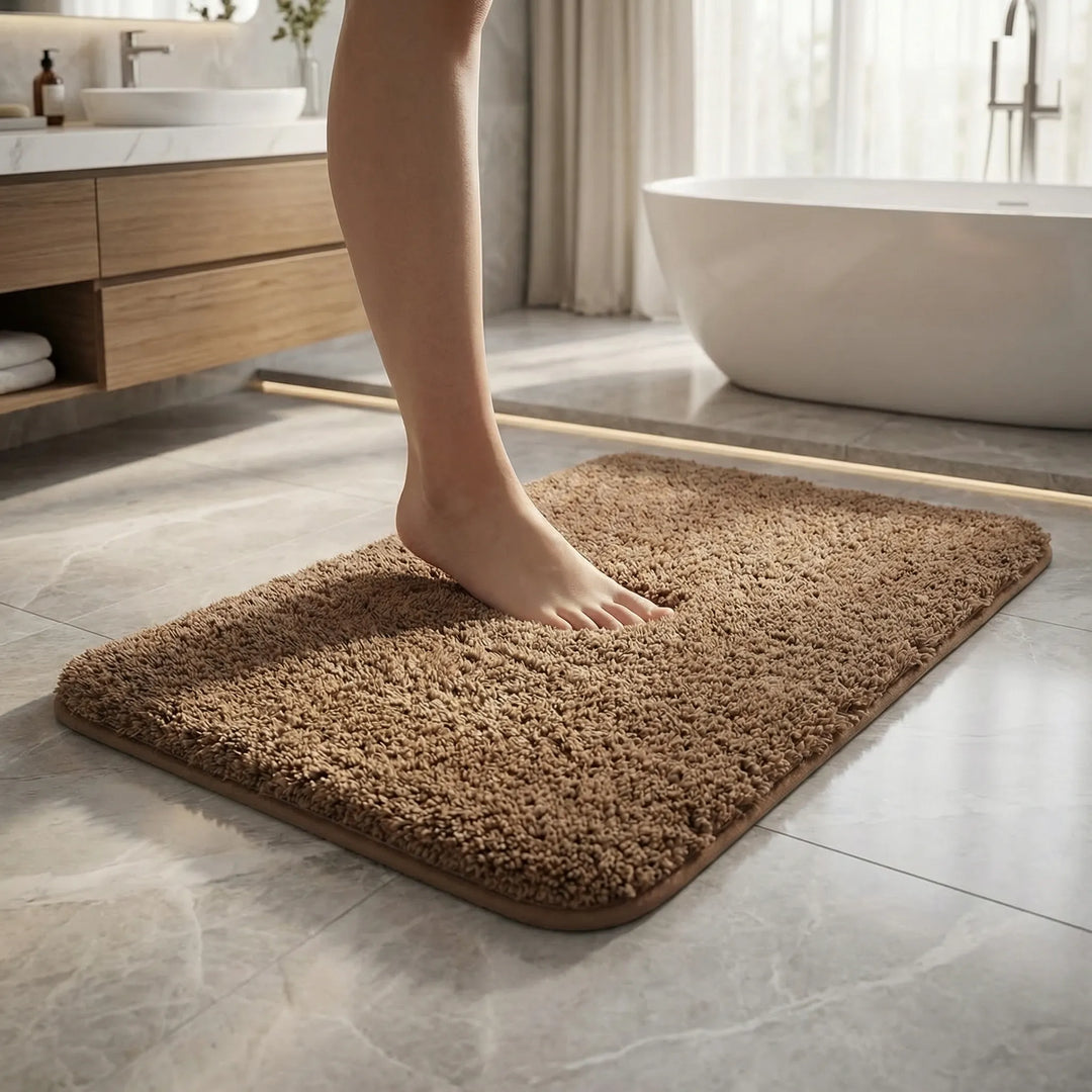 Soft plush rectangular bath mat by Flowique with stylish wave design. Absorbent & comfortable for bathroom decor.