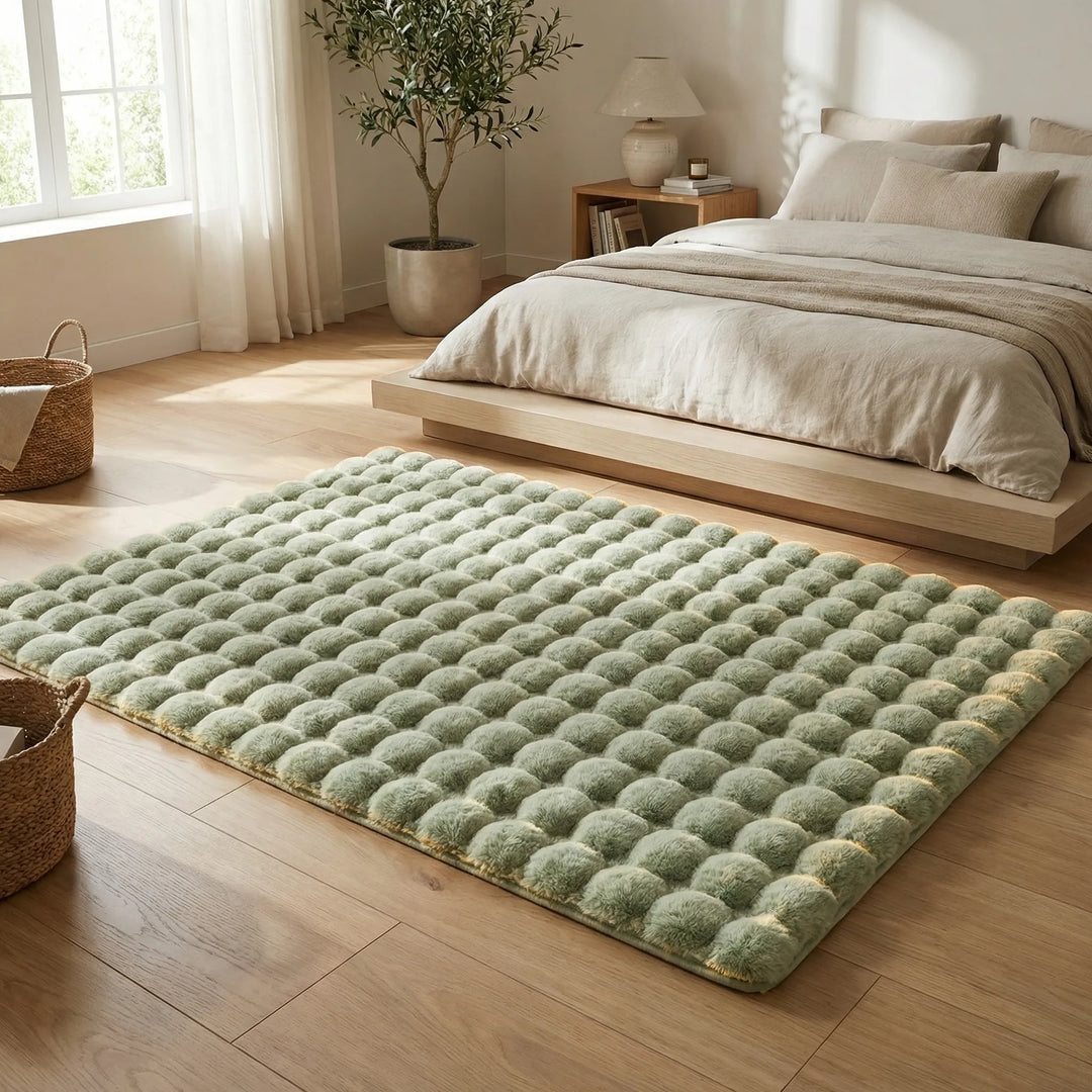 Soft plush textured area rug with elegant wave pattern, perfect cozy floor decor for living room or bedroom.