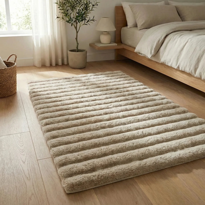 Bedroom plush textured area rug, Flowique wave pattern, soft and cozy for inviting home decor.