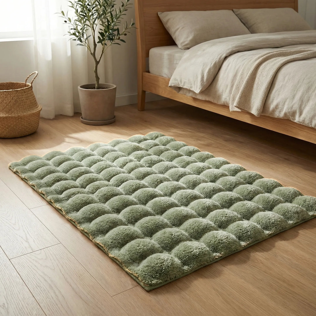 Flowique plush textured washable area rug, non-slip and soft, ideal for a cozy living room or bedroom.