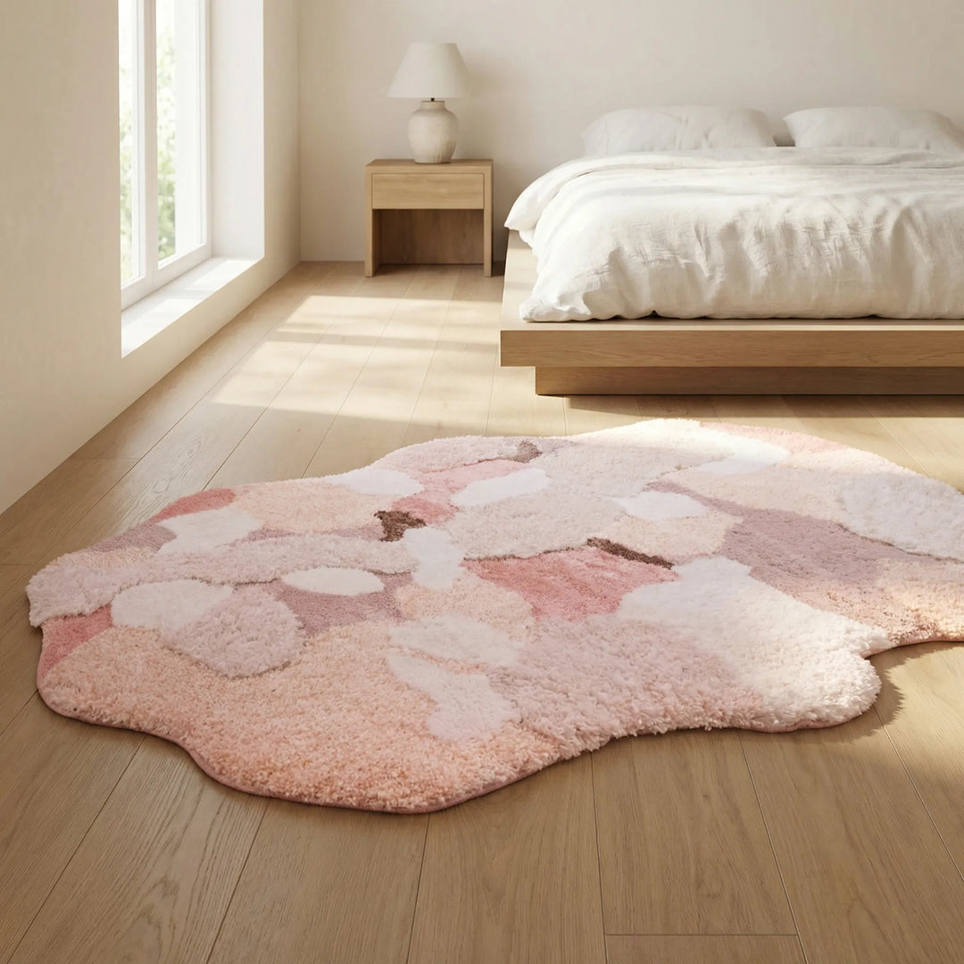 Soft sculpted pastel area rug with serene wave patterns, ideal for nature-inspired living room decor.