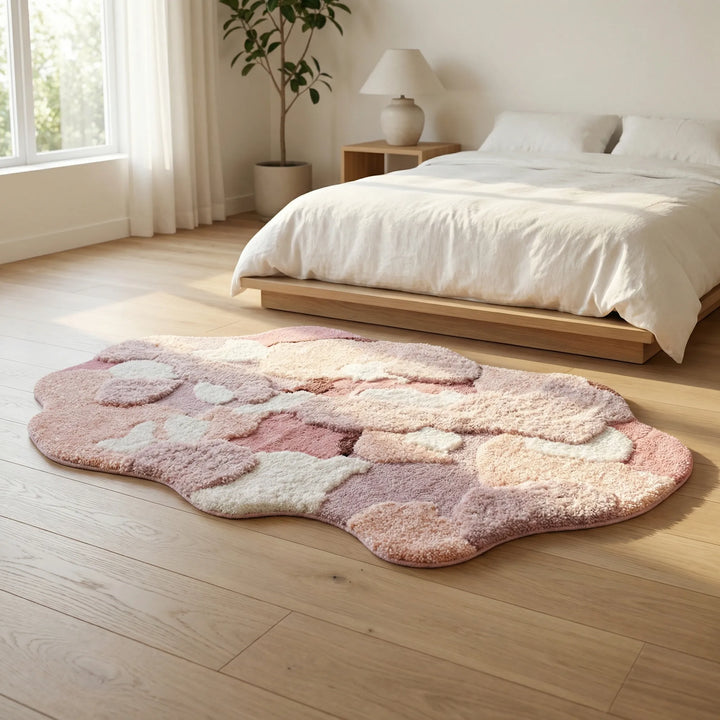 Plush sculpted pastel area rug featuring flowing waves, perfect textured decor for living room or bedroom.