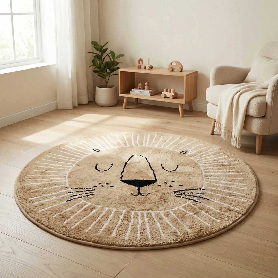 Soft washable round children's playmat with cute lion design, perfect for nursery or kids' room decor.
