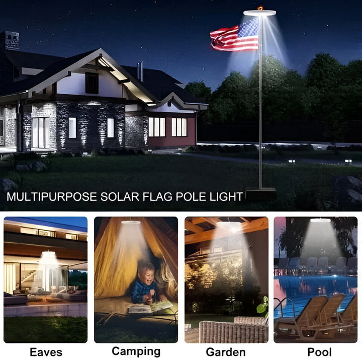 Compact, weatherproof solar LED flagpole light with multiple LEDs for strong, even flag illumination.