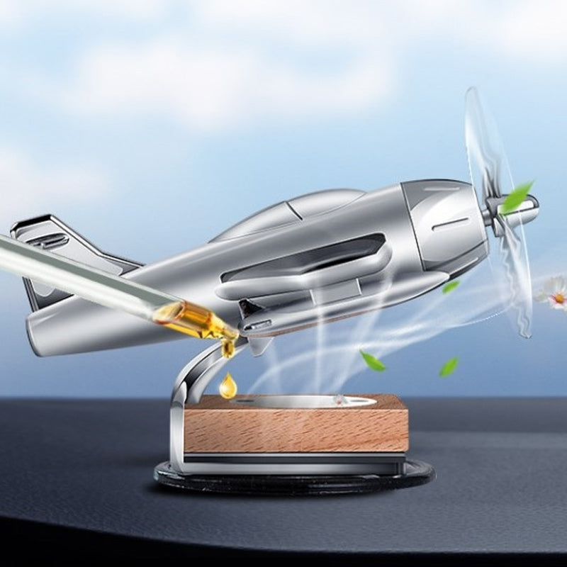 Solar-powered airplane car diffuser with rotating propeller, dual-function air freshener & car decoration