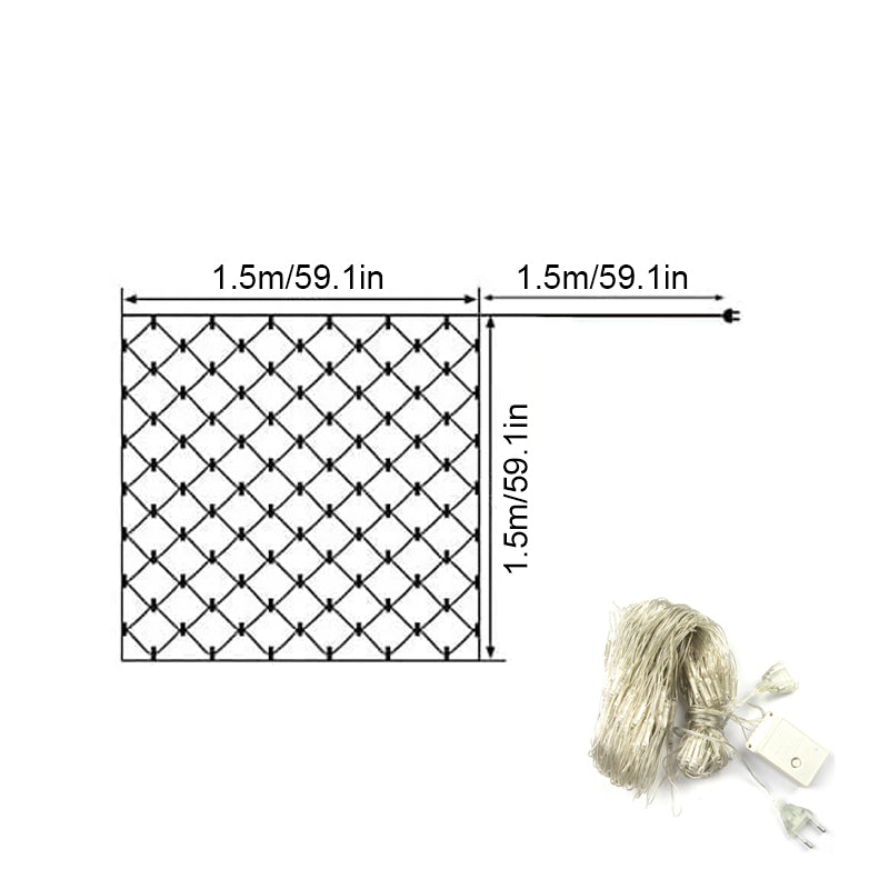 Packaging of solar powered LED mesh lights, highlighting features like eco-friendly and waterproof