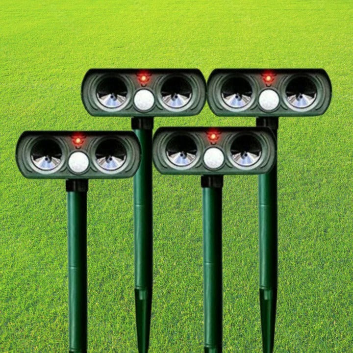 Solar-powered motion-activated ultrasonic animal deterrent, protecting gardens from pests & wildlife. Humane & effective.