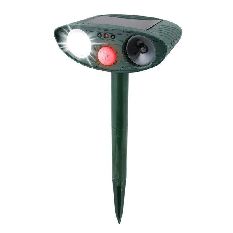 Outdoor solar ultrasonic deer & pest repeller 4-pack, providing humane garden protection & yard security.