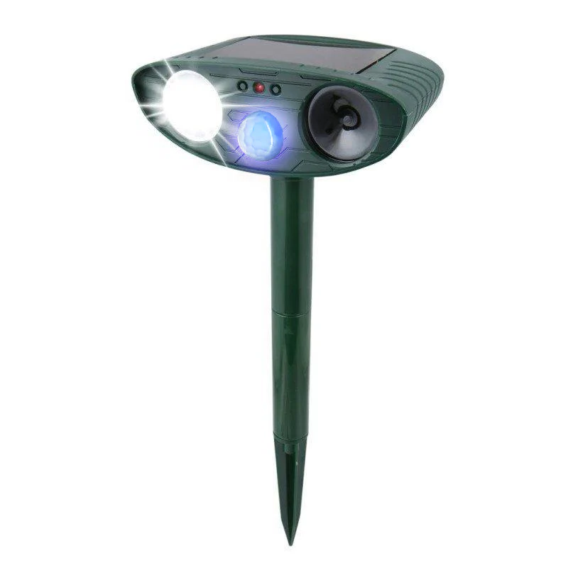 Solar ultrasonic dog repeller for outdoor use. Humane motion-activated pest control for garden protection.