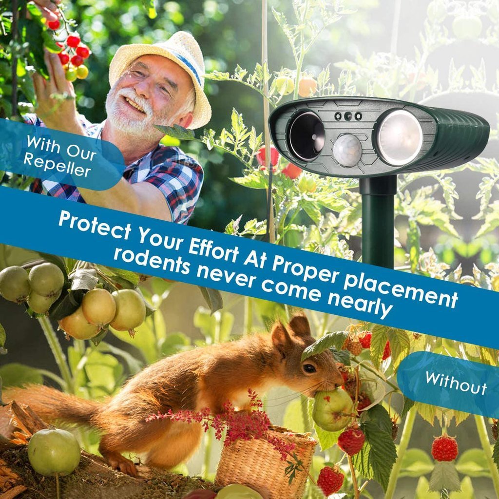 Easy-to-install solar ultrasonic dog repeller. Humane outdoor animal deterrent for effective garden and yard defense.