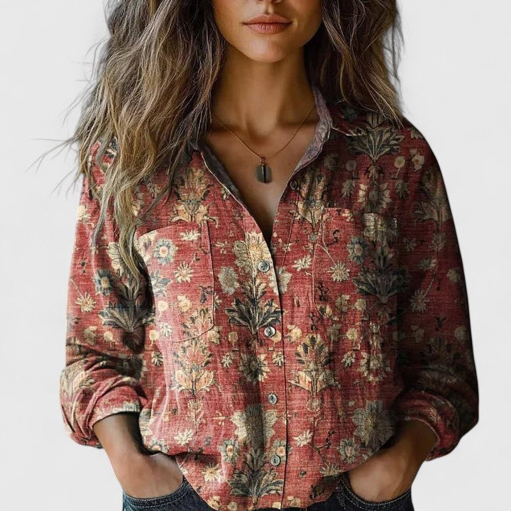 Elegant women's plus size floral blouse with stylish lapel collar & long sleeves for chic office or casual fashion.