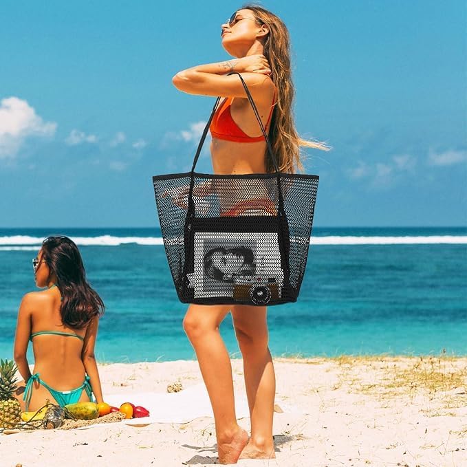 Spacious unisex foldable mesh beach tote bag with inner pocket, perfect for travel & sand-free beach days.