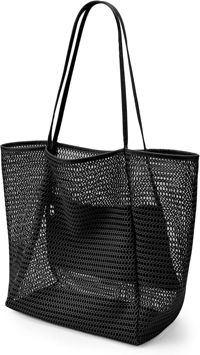 Lightweight mesh beach shoulder bag, sandproof and quick-drying, ideal for summer and travel essentials.