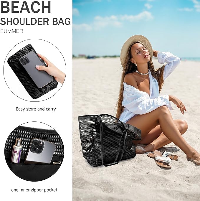 Compact foldable mesh tote bag with inner pocket, versatile for beach, gym or travel, easy to pack.