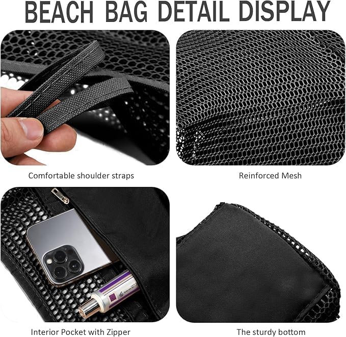 Folded mesh beach tote bag with durable handles, a practical and portable summer accessory for all your gear.