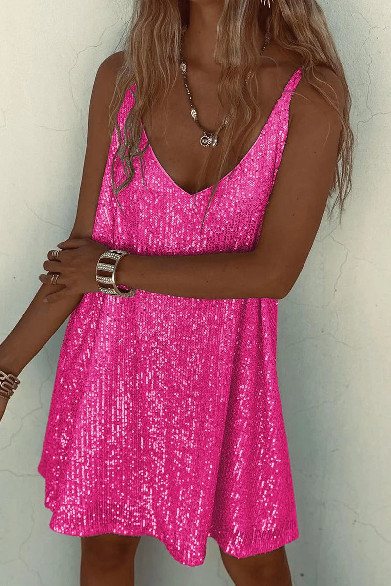 Elegant sleeveless V-neck sequin mini dress for women. Ideal for a cocktail party or evening event.