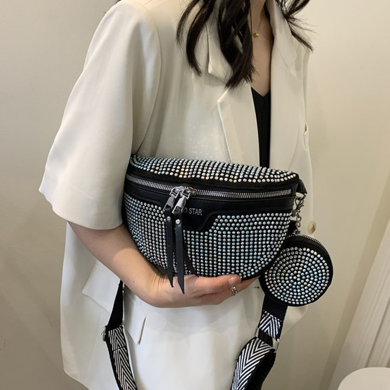 Women's fannypack in PU leather with sparkling rhinestone decoration