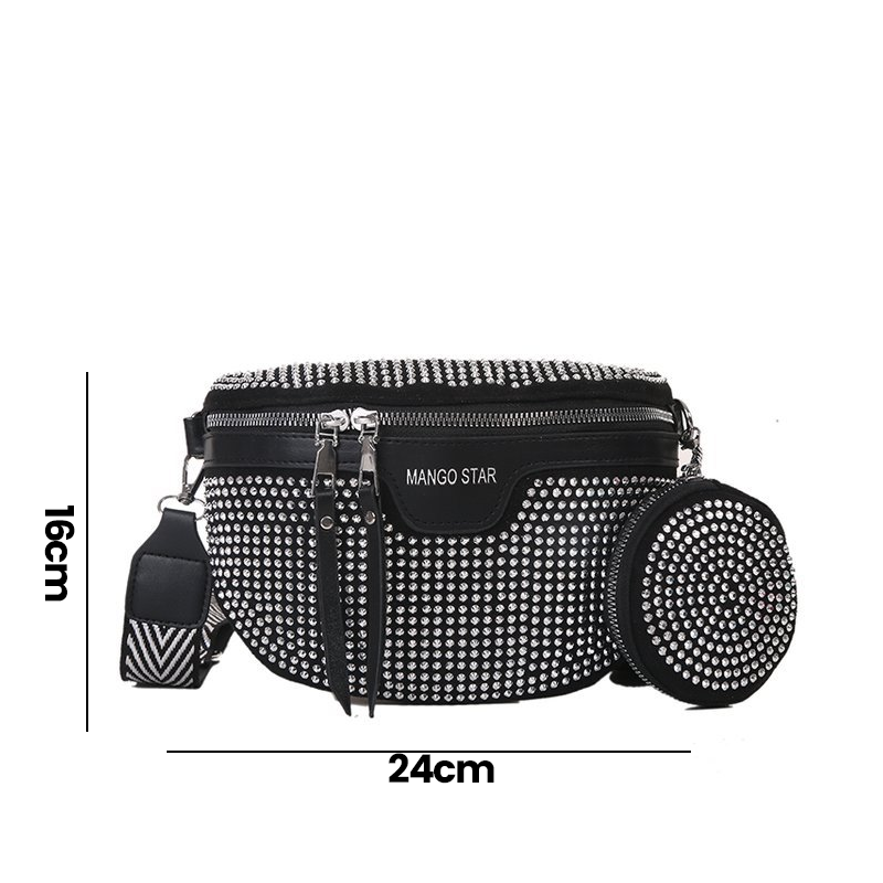 Fashionable women's waist bag featuring a rhinestone-covered PU leather design