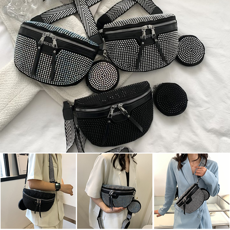 Side view of a women's rhinestone fannypack, showing its compact size