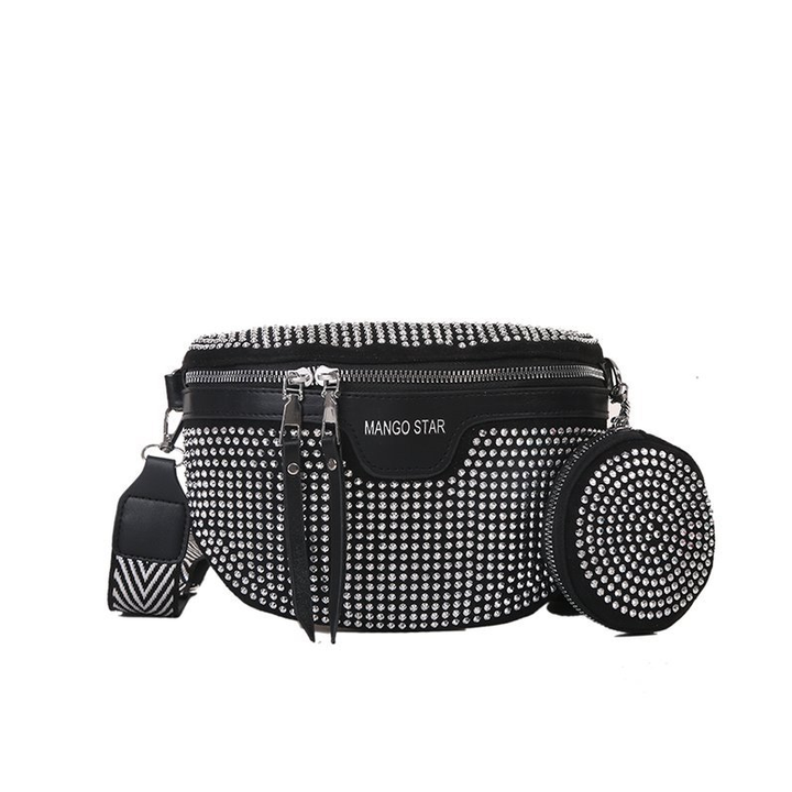 Close-up of the buckle and strap of a women's rhinestone fannypack