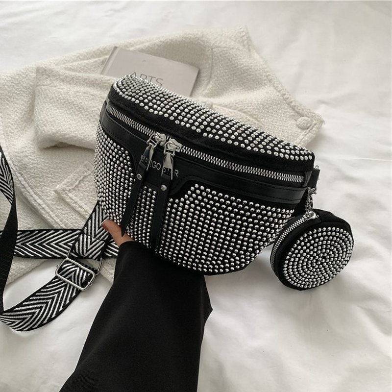 Close-up of a women's rhinestone PU leather waist bag with zipper detail