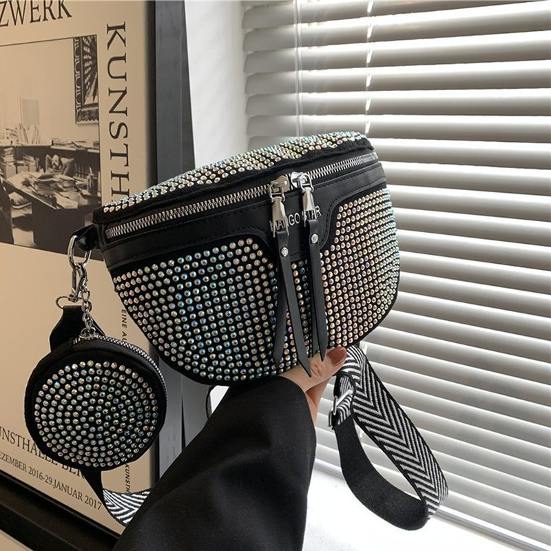 Stylish women's PU leather fannypack with dazzling rhinestone accents