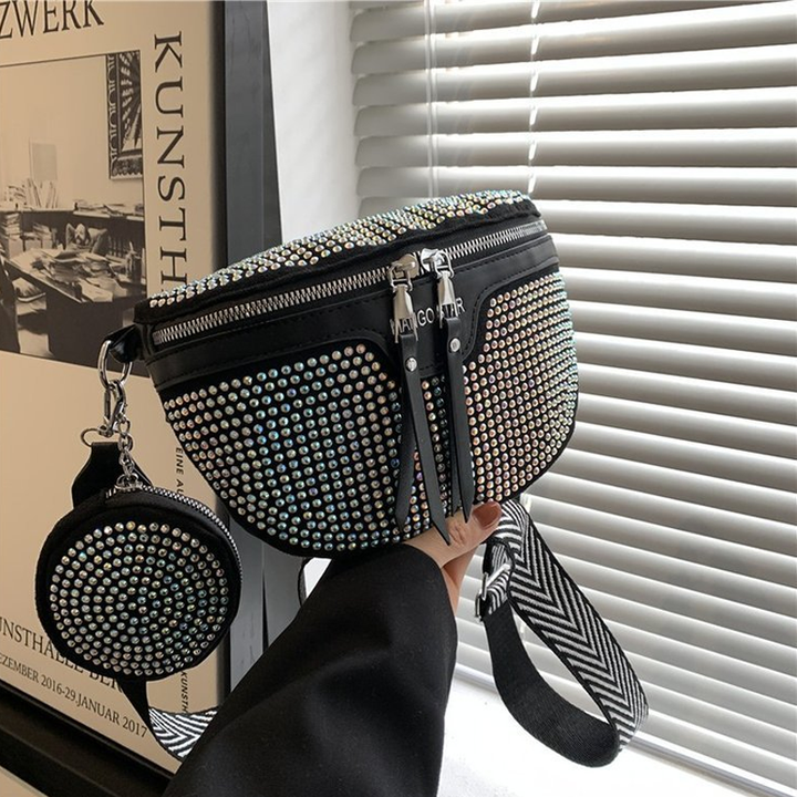 Stylish women's PU leather fannypack with dazzling rhinestone accents