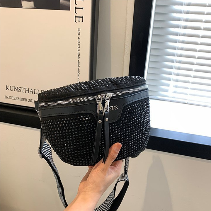Front view of a shimmering rhinestone PU leather waist bag for women