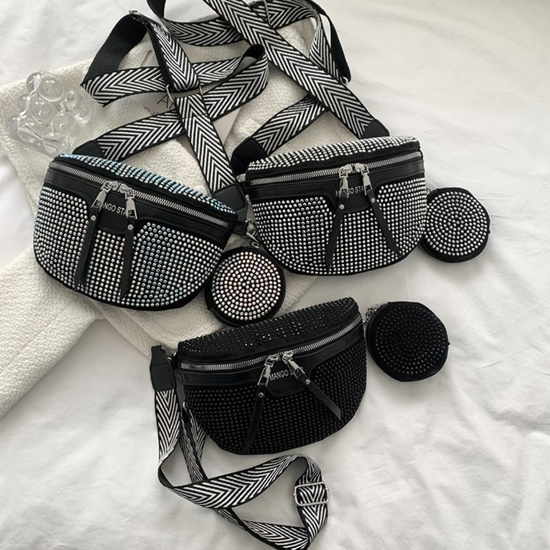 Detail of the rhinestone pattern on a women's PU leather waist bag