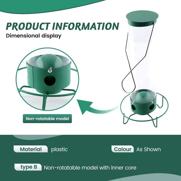 Durable squirrel-proof birdhouse with rotating perch, ideal for garden bird feeding. Weatherproof outdoor birding accessory.