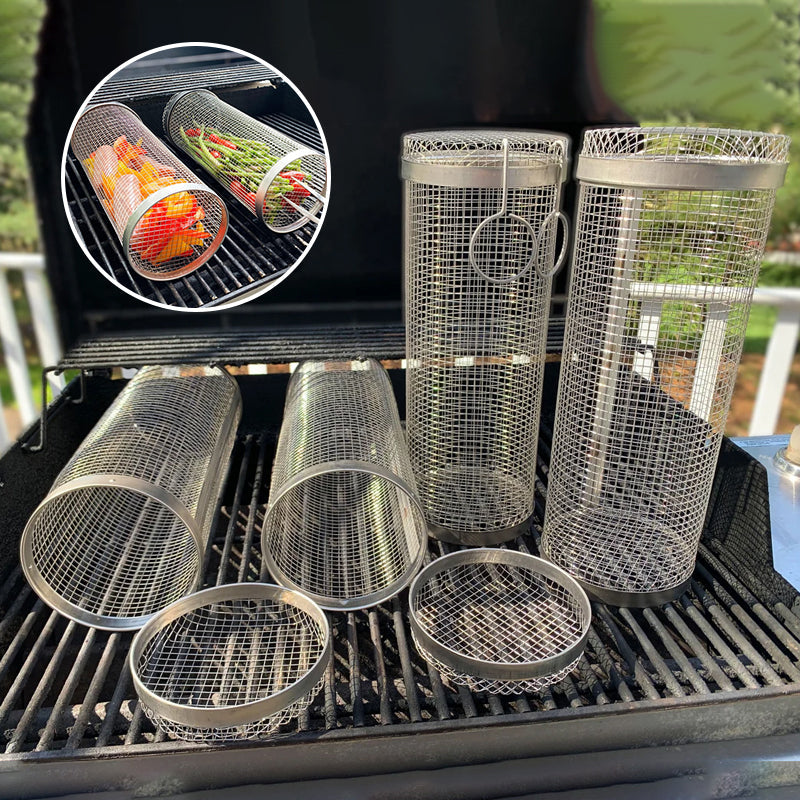 Versatile stainless steel outdoor cooking basket, ideal for grilling a variety of foods.