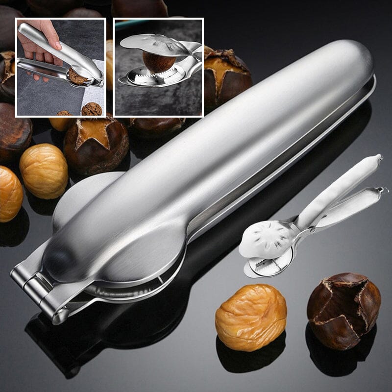Close-up of stainless steel nut cracker tool, ideal for chestnuts