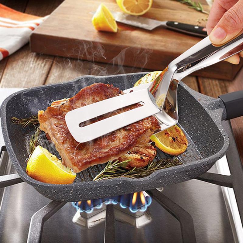 Stainless steel dual-sided food tongs, perfect for kitchen cooking and grilling, a versatile bbq tool.