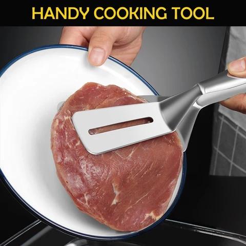 Durable stainless steel kitchen tongs, dual-sided for easy food handling, an essential cooking utensil.