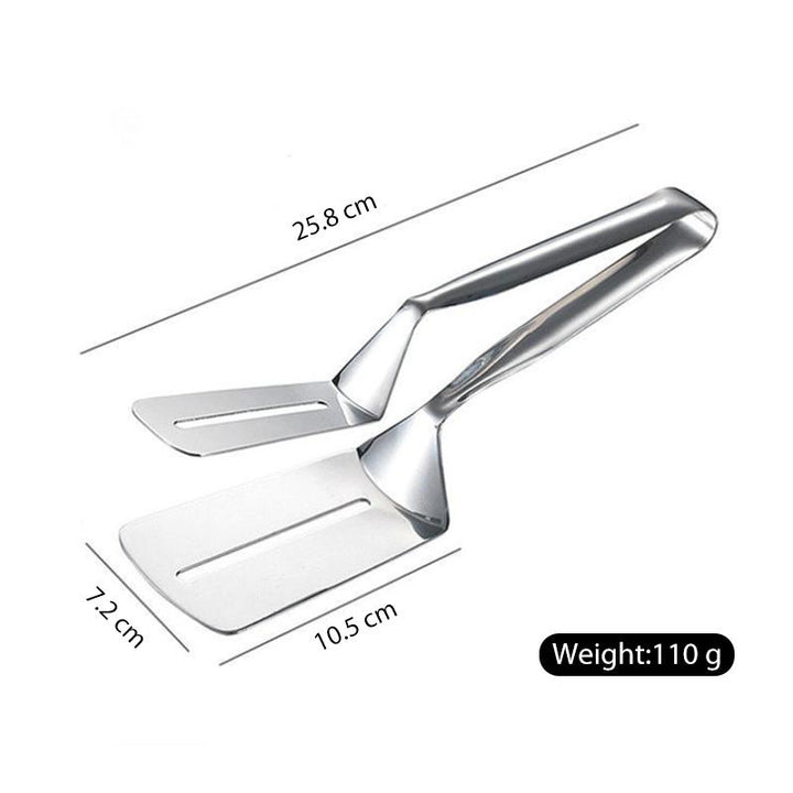 Versatile kitchen utensil: dual-sided stainless steel tongs, great food clip for all cooking needs.